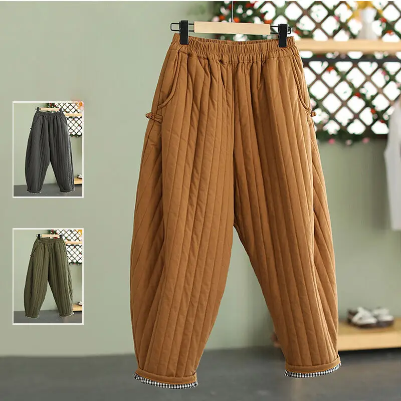 Women Winter Warm Down Cotton Pants Warm Padded Quilted Trousers Elastic Waist Casual Lady Chic Keep Warm Trousers