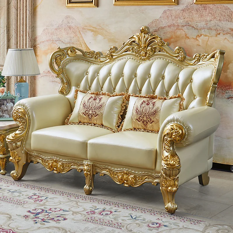 SA-18 Hochwertiges Champagnerfarbenes Europäisches Massivholz-Sofa mit Lederbezug Beidseitig Geschnitzt für Villa Apartment Wohnzimmer