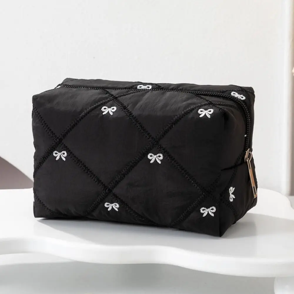Multifunctional Bow Quilted Makeup Bag Quilted Design Large Capacity Women Wash Pack Space Saving Portable Coin Purse Travel Use