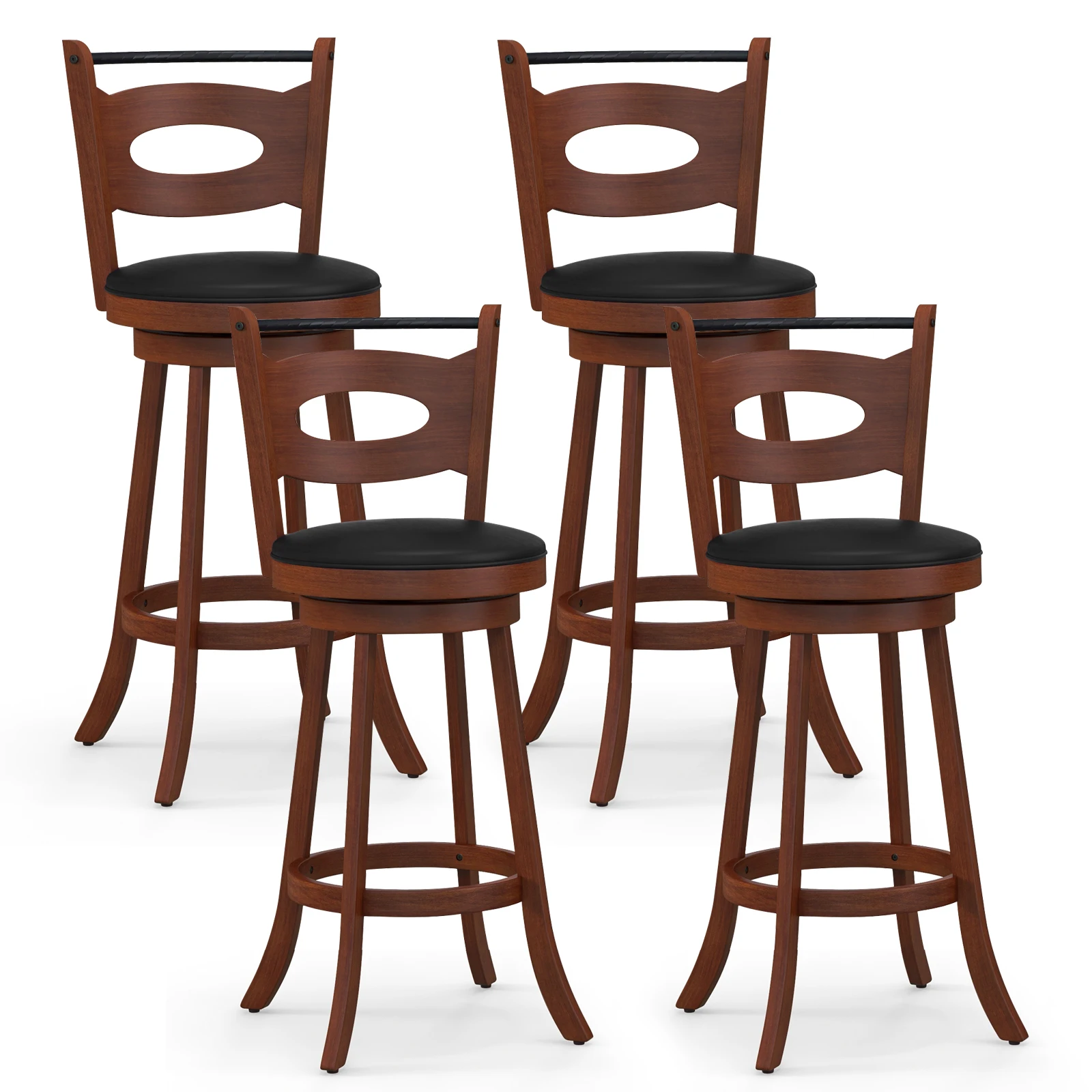 Set of 4 Bar Stools 360° Swivel Dining Chairs Solid Rubber Wood Leather Padded