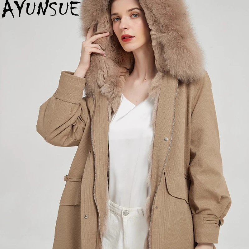 

AYUNSUE Rex Rabbit Fur Parka Women 2025 Теплые пальто из натурального меха Женская зимняя одежда Новая верхняя одежда с воротником из лисьего меха Пальто Женское