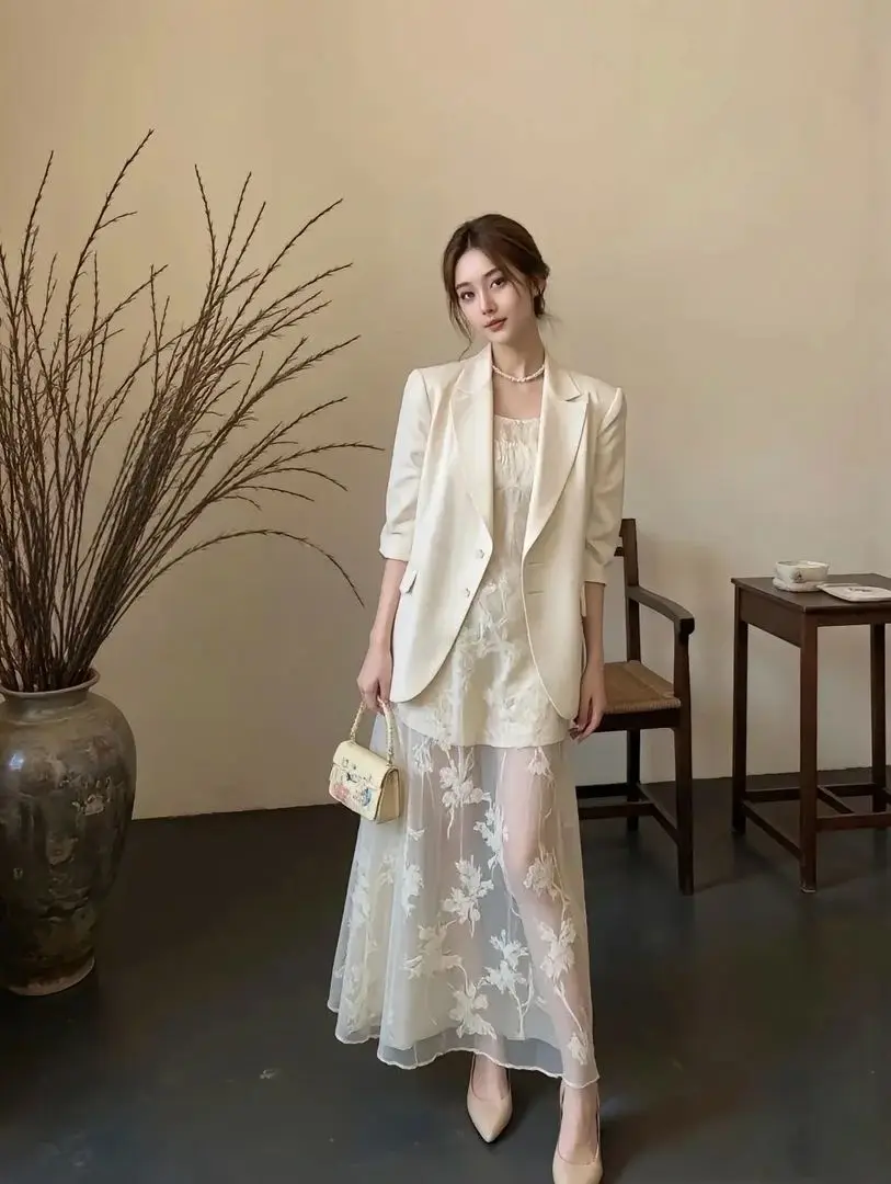 

White Lace Me Insertion Early Autumn New Sle Women's Suiting Dr Set Faionable Ele Long Sve Button up Coat