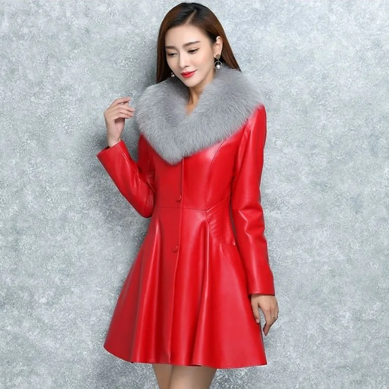 6XL 7XL Women Leather Jacket Autumn Winter Mid-length Fox Fur Collar Leather Coat Large Size Female Add Cotton Winter Overcoat