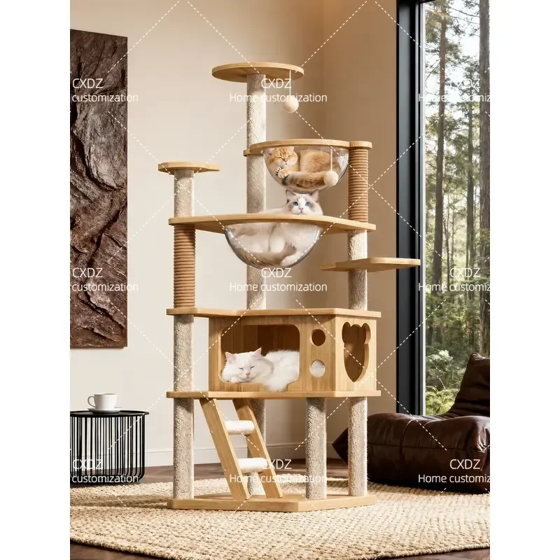 Large Cat Tree with Integrated Nest and Shelves Space Saving Double Capsule Villa for Small Apartments Multi Level Climbing