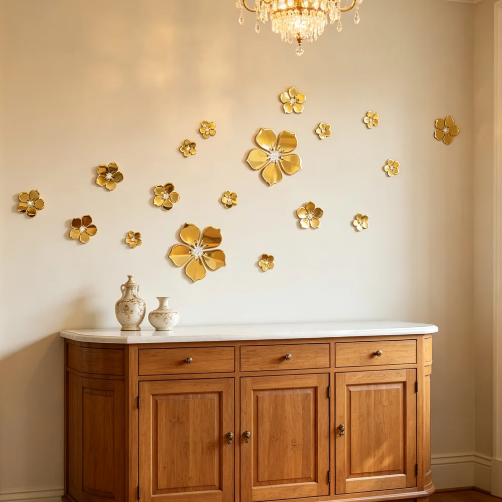 Gold 3D Mirror Acrylic Flower Wall Stickers, DIY Stereoscopic Crystal Petal Wall Decals, Removable Art Floral Wall Decor for Bedroom Living Room Home Decoration,18Pcs Mixed‑Size Flower Set