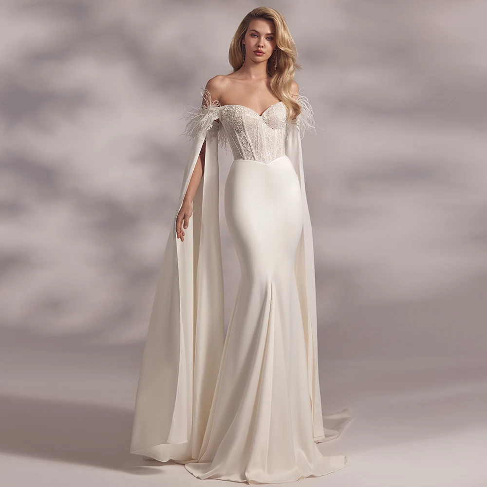 Vintage Mermaid Wedding Dresses Pearl Feather Ruched Engagement Trumpet Floor Length Bridal Gowns for Women vestido de novia