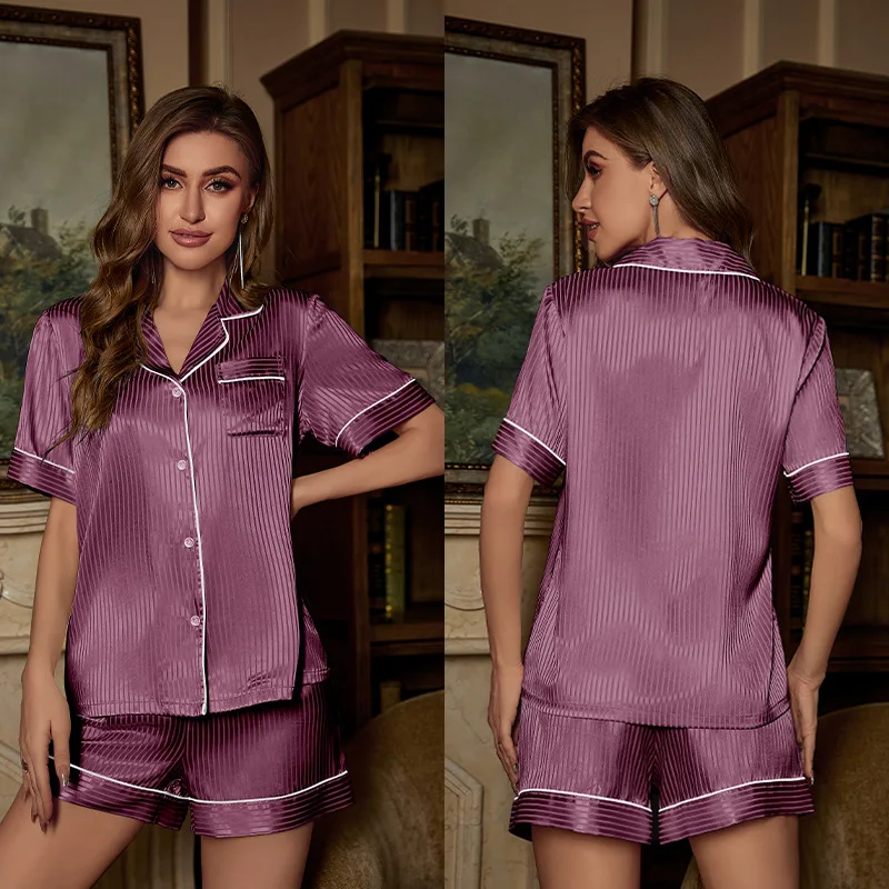 Lapel Two Piece Pajamas Set Short Sleeve Casual Home Wear Women Rayon Sleepwear Summer Femme Nightwear