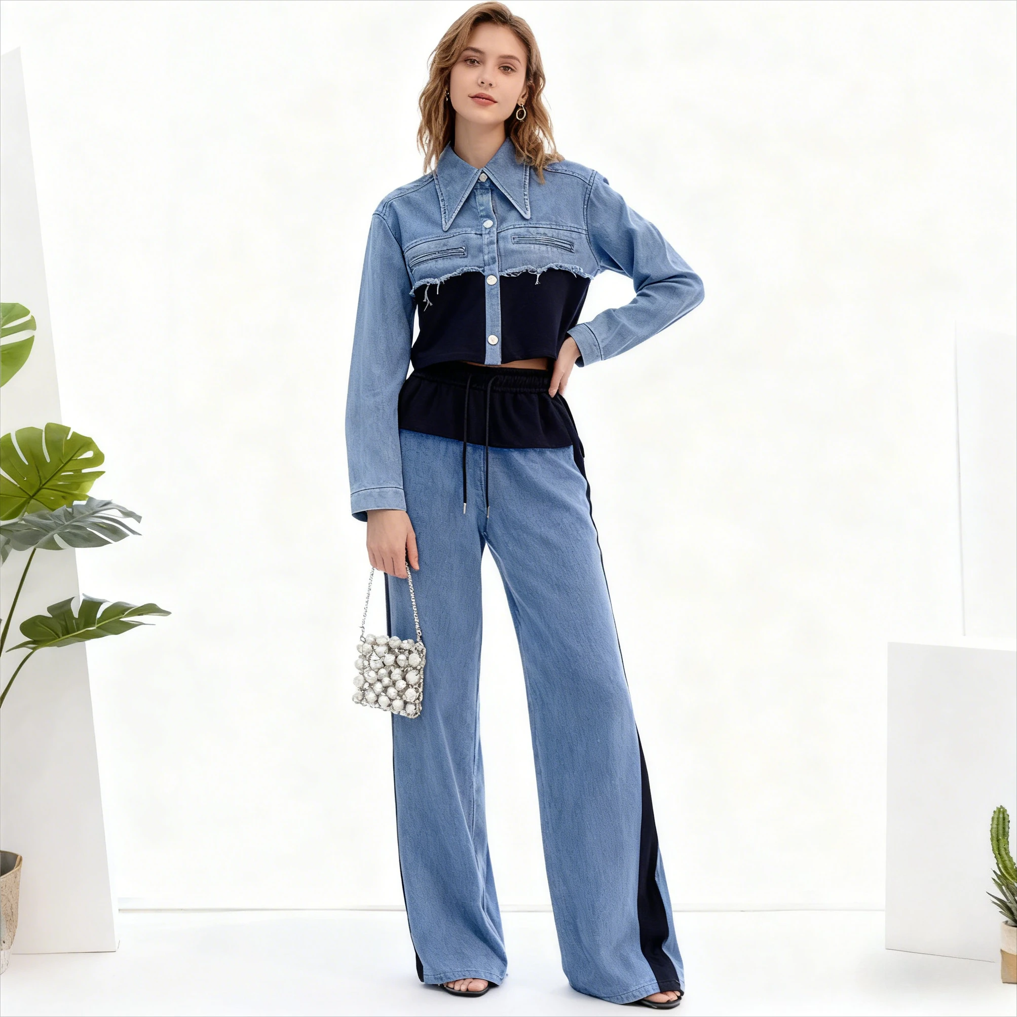 الدنيم قطعتين مجموعات النساء مجموعة بناطيل رجالي Y2k مطابقة مجموعات الربيع أعلى واسعة الساق السراويل الطويلة عارضة السائق الدانتيل يصل عالية الخصر عداء ببطء