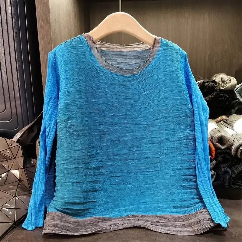 Pleated Women's High-End T-shirt Simple Elasitc LooseColor-Block Long Sleeve Round Neck Textured Pullover Top 261AS
