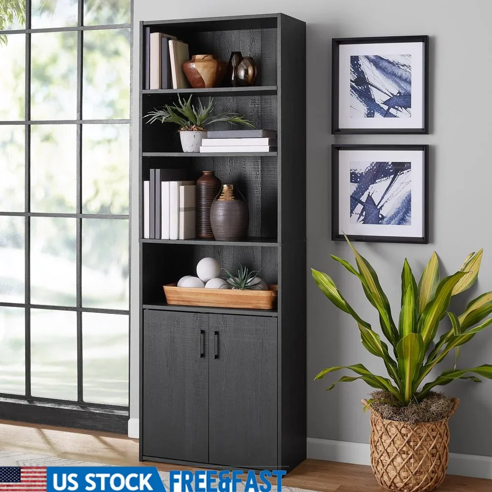 

5 Shelf Bookcase with Doors Adjustable Shelves Storage Display Unit Living Room Office Furniture Hidden Compartment Vertical