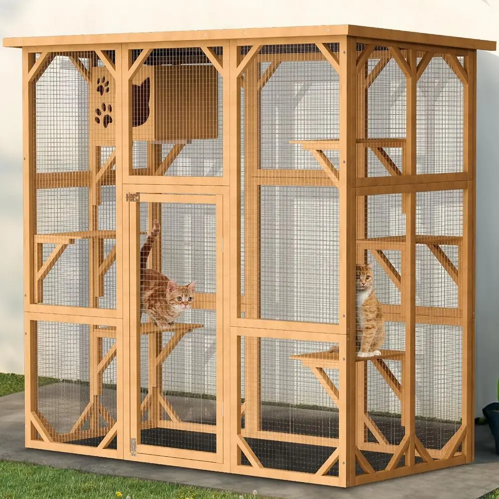 

Outdoor Cat Enclosure House, 5 Tiers Large Indoor Cat Cage with 5 Platforms Resting Box, Cat Catio Walk in Wooden Shelter Outdoo