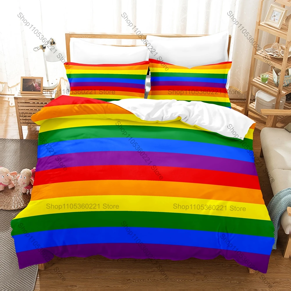 Cool Sweet Romantic LGBT Lesbian Couple Kiss Rainbow Pride Bedding Set 1 Duvet Cover + 2 Pillowcases HD Print Equality Bed Linen