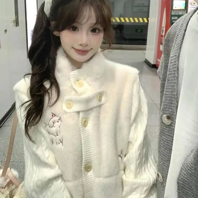 Women Sweet Preppy Style Coat Japan Fall Winter Warm Patchwork Kawaii Jacket Fluffy Cable Knit Faux Lamb Fleece Cardigan