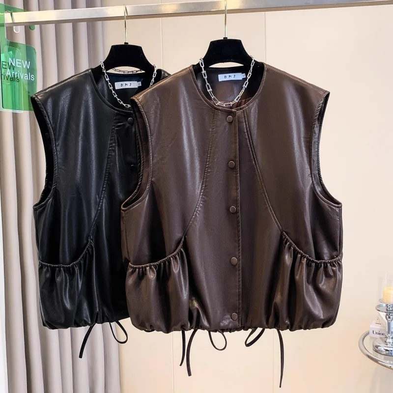 

Женский жилет из искусственной кожи без рукавов, мотоциклетная куртка в стиле ретро, приталенная майка для женщин, повседневное уличное пальто (W1370)