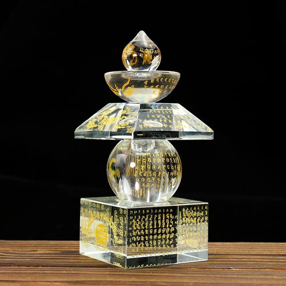 NEW Crystal Glass Laser Carving Buddhism Scriptures Rune Five-story Stupa Dagoba Sarira Crafts Ornament Figurines Healing Decor