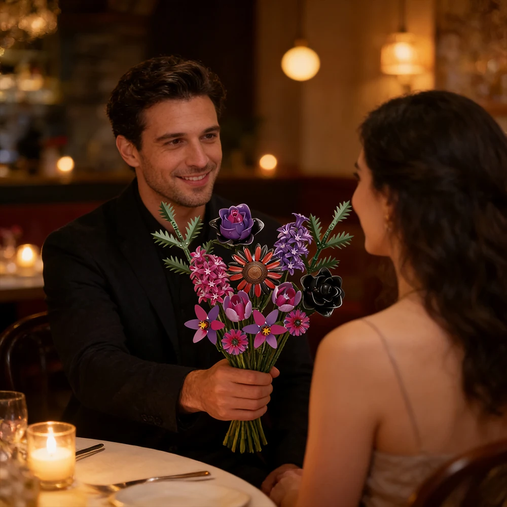 Buquê de flores góticas modelo blocos de construção multicolorido 614 peças tijolos de dia dos namorados crianças diy quebra-cabeça brinquedo aniversário presente de casamento
