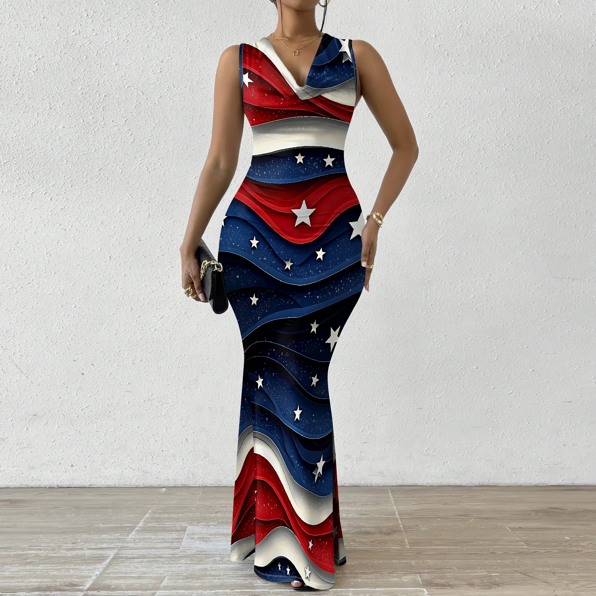

2025 Women's 4th of July Outfit Sleeveless V-Neck Bodycon Maxi Dress Star and Stripe Print Independence Day Party Dress XS-2XL