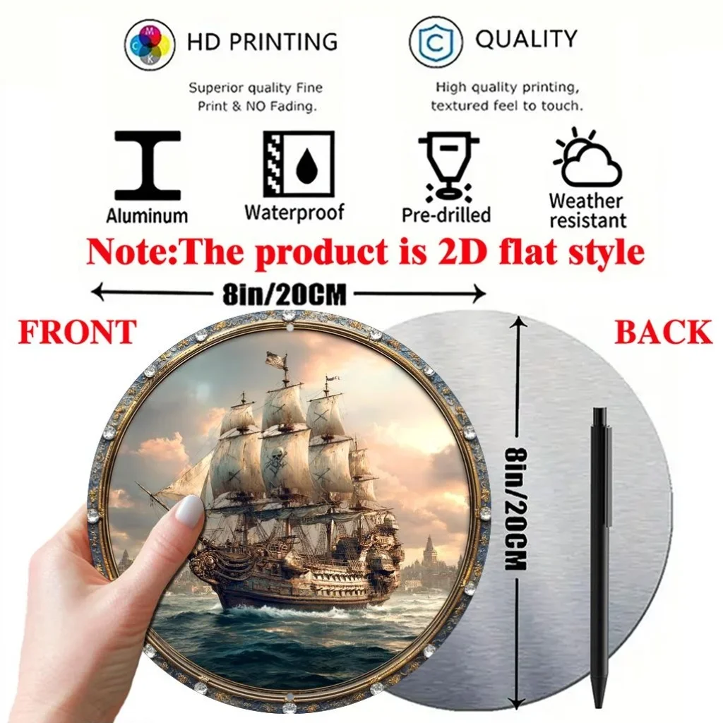 Vintage Pirate Ship Decorative Sign 8x8in Flat Print Round Aluminum Plaque For Room Wall Bar Cafe Garden