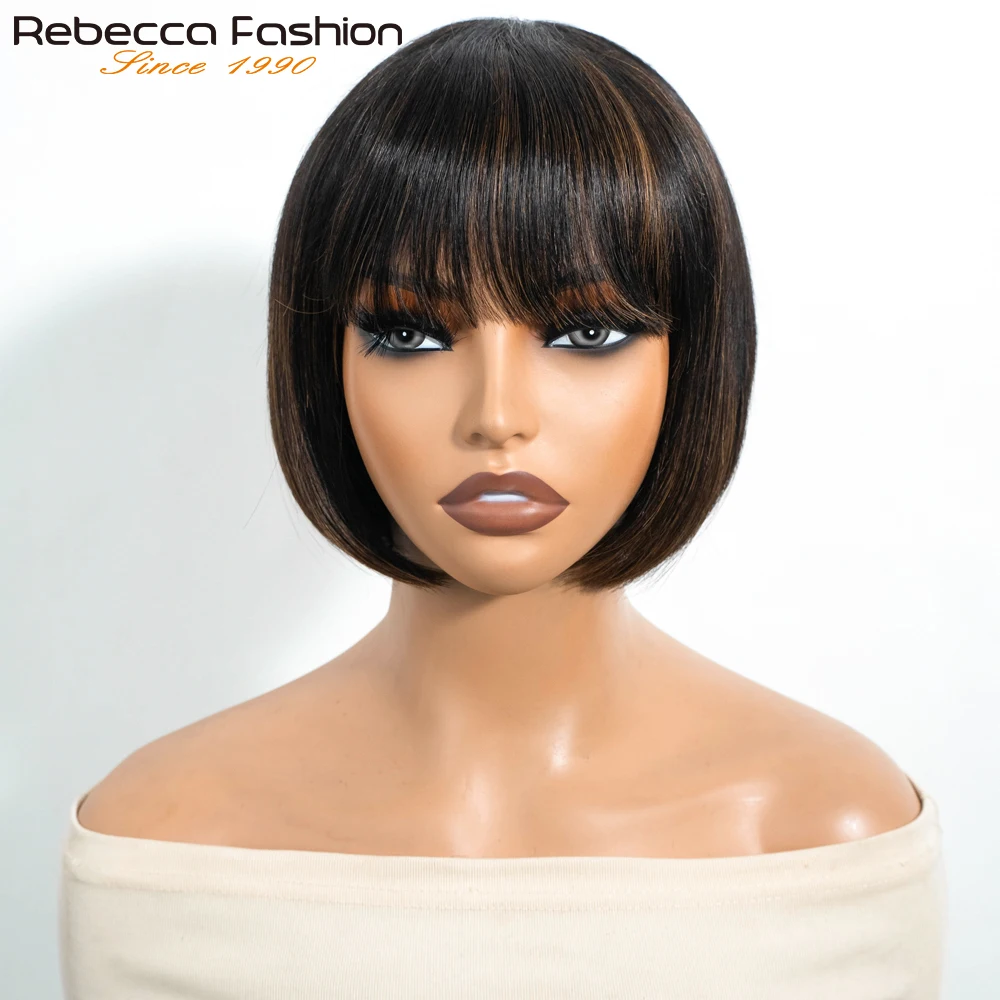 

Короткий парик Rebecca с челкой, бразильские прямые парики из волос, смешанные цвета 1B/30, бесклеевые машинные парики из человеческих волос для женщин