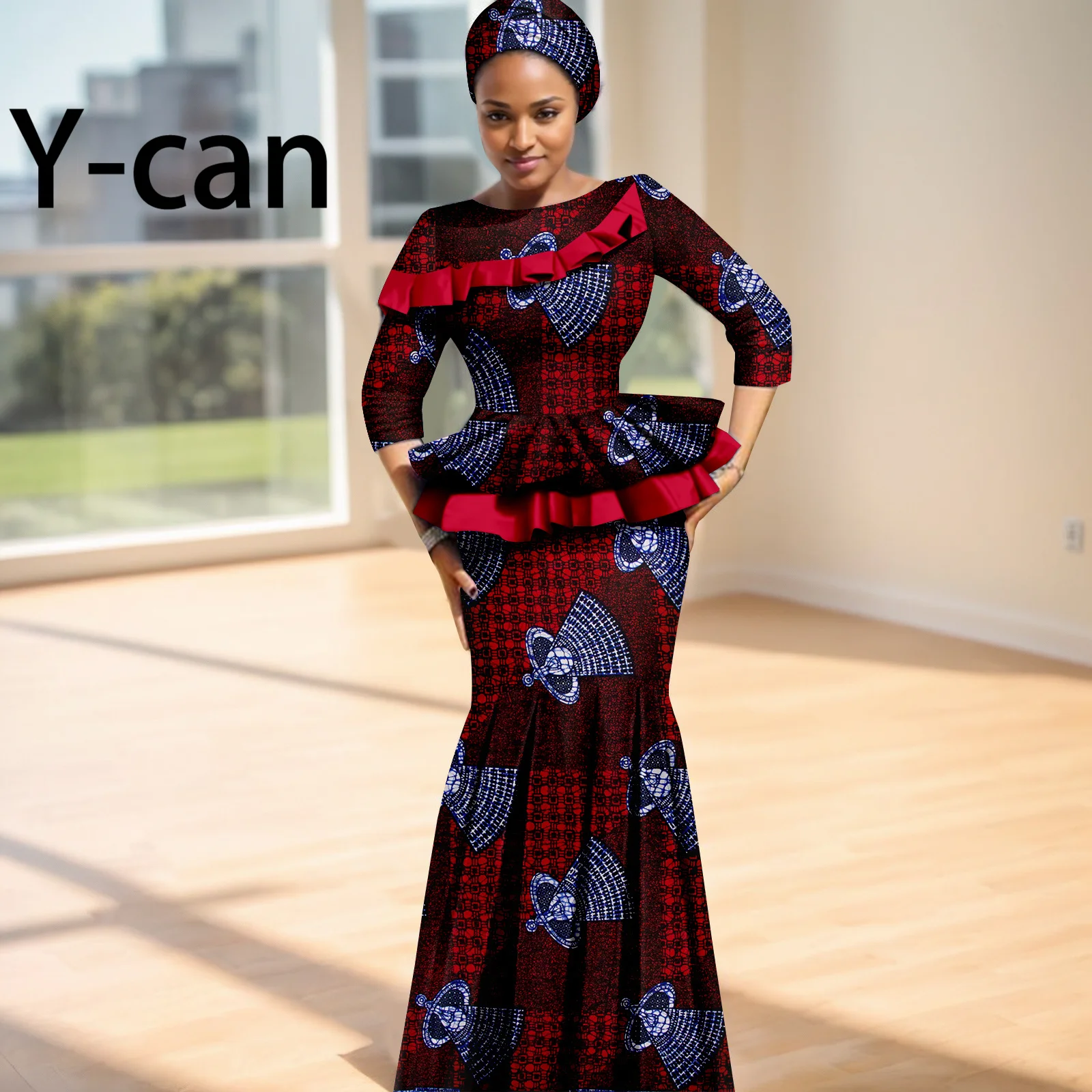 African Dashiki Women Clothes Ankara Print Long Sleeve Ruffles Top and Mermaid Skirt 2 Pieces Sets Women Dress 2426020