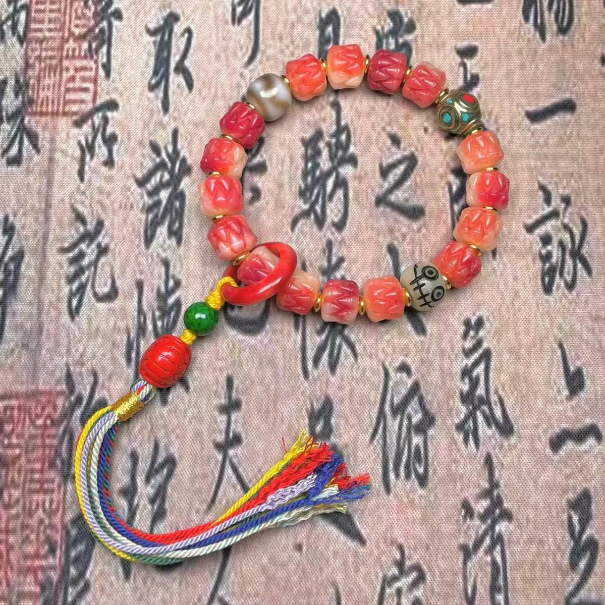 

Natural Blood Color Camel Bone Carving Swallowing with Cinnabar Tassel Accessories Men's and Women's Bracelet Handheld Wen Play