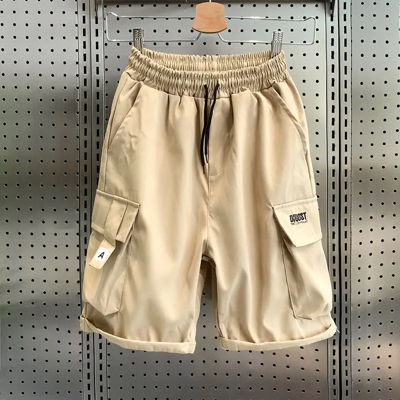 Summer Pocket Patchwork Loose Work Shorts Solid All-match Elastic Waist Street Casual Wide Leg Pants Fashion Trend Men Clothing