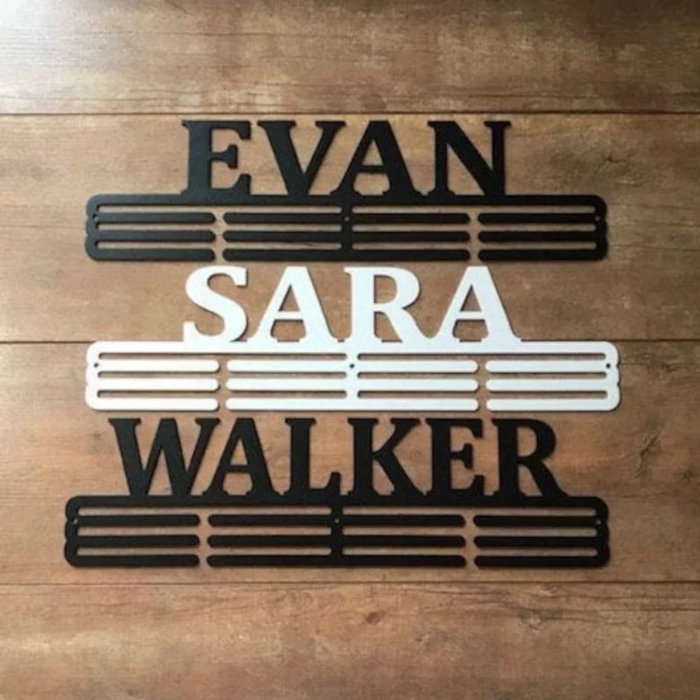 Custom Name Medal Hanger Holder Display Rack with 3 RUNG As Personalized Family Name Sign for Holiday Gift Metal Wall Decor