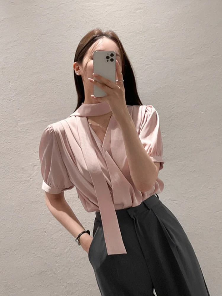 시크한 여성용 버블 슬리브 셔츠 리본 타이 우아한 분위기 한국 스타일 하이웨이스트 반팔 단색 탑