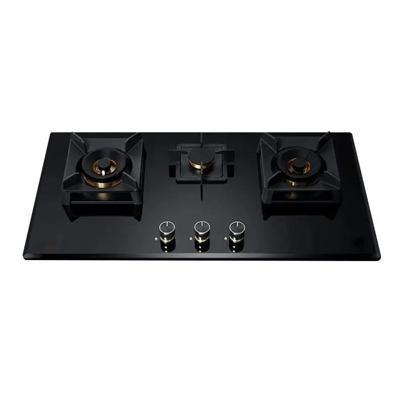 لوحة كبيرة 3 شعلات موقد غاز سميكة من الزجاج المقسى قوة نيران عالية مدمجة في طباخ منزلي
