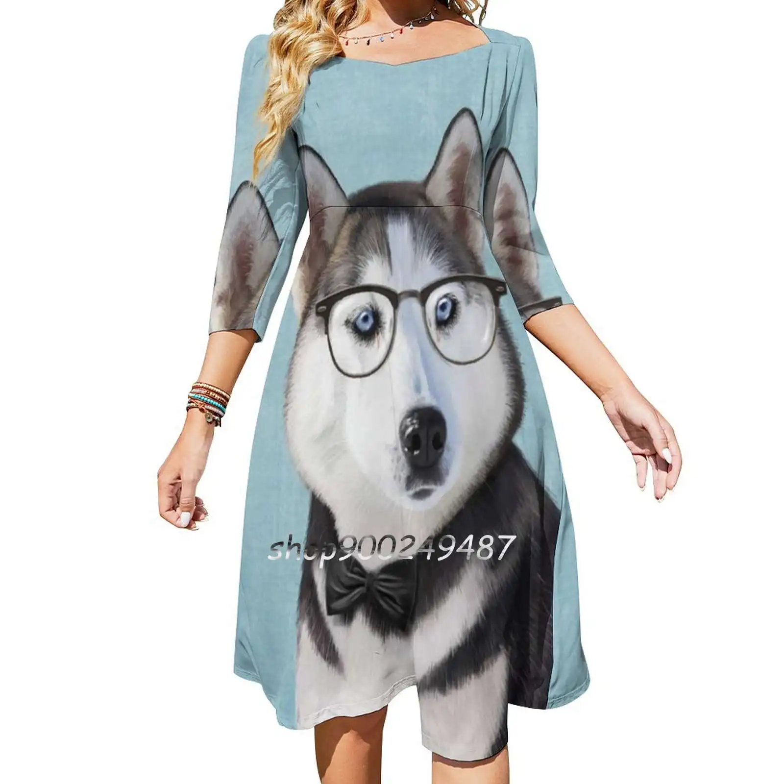 Mr Siberian Husky Slim Dress With Hollow Waist Autumn Winter Sexy Multiple Styles Dresseses Light Blue Pet Dog Cute Siberian