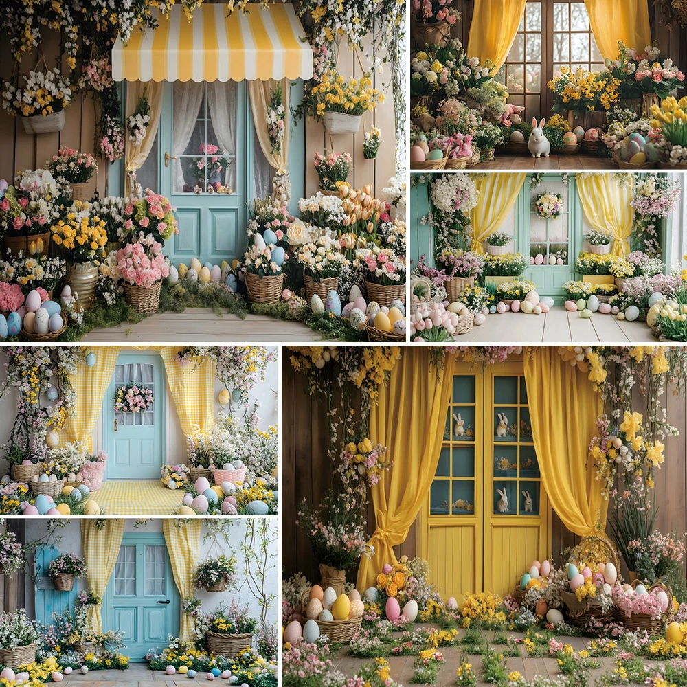 ปาร์ตี้อีสเตอร์ไข่การถ่ายภาพฉากหลังสนามหญ้ากระต่ายสวนสีเหลืองผ้าม่านหน้าต่าง Baby Shower ภาพพื้นหลัง Photo Studio Prop
