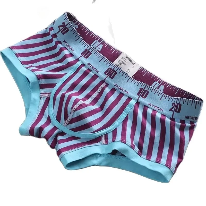Striped Cotton Bulge Boxy Underwear for Men Sexy Low-rise U Convex Pouch Sports Boxer Briefs Male Breathable Sweat Absorb Trunks