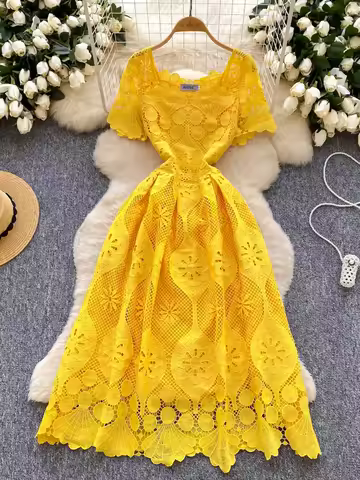 France Elegant Fashion Slim Evening Dress Women Hollow Out Lace Crochet Party Dress Female Casual Chic High End Clothing New