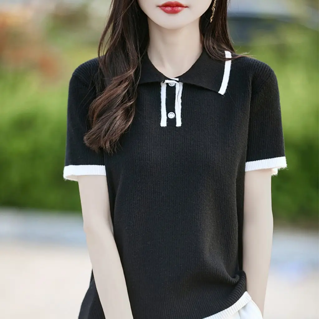 

Women's Slim Fit Velvet Polo T-Shirt White Lapel Small Fragrant Knitwear Short-Sleeved Summer Top
