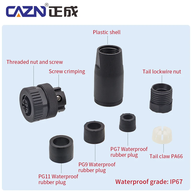 M12 Full Plastic Assembled Plug Straight Angled Male Female 2 3 4 5 6 8 Pin A/B/D Code IP67 Lightweight for Industrial Equipment
