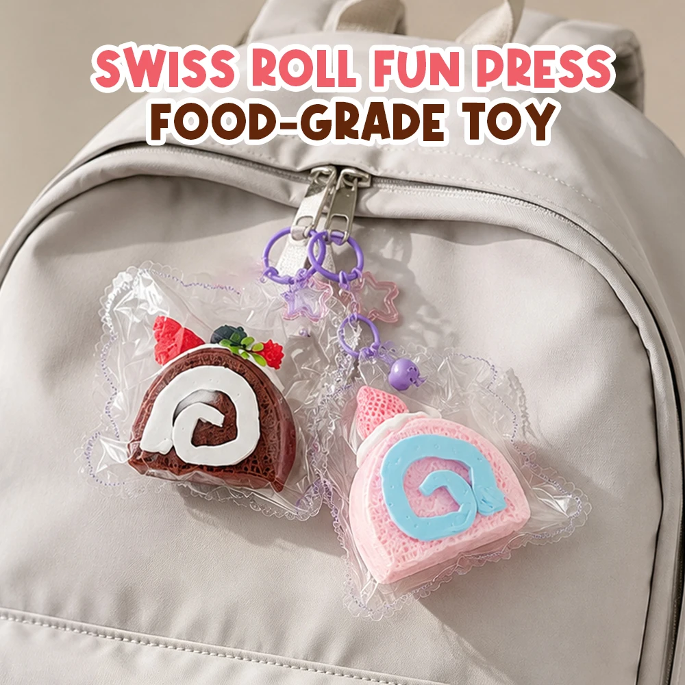 Kawaii Swiss Roll Keychain Soft Mochi Cake Dessert Keyring Stress Relief Food-Grade Silicone Fidget Sensory Pinch Fun for Adult