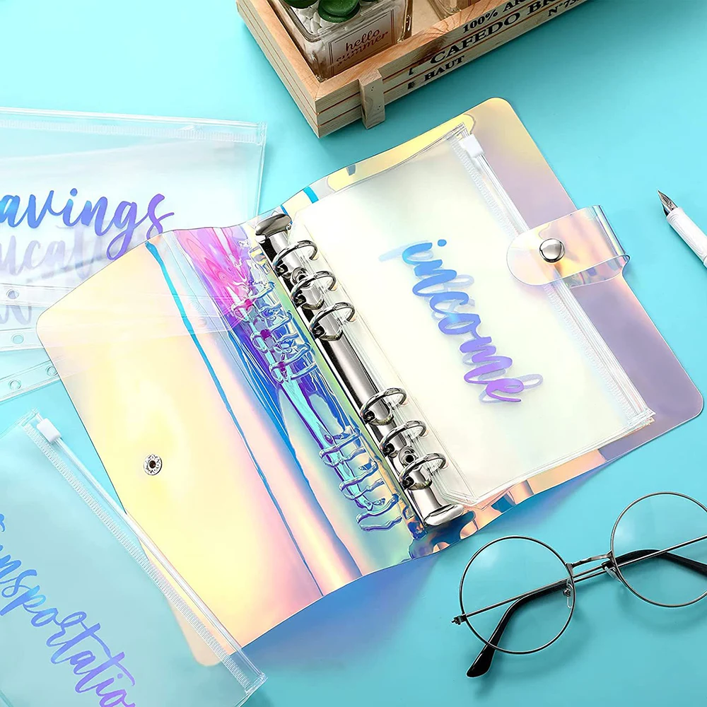 12Pcs A6 Cash Planner Binder Pocket File Organizer Storage Folder Transparent PVC Loose Leaf Pouch with Zipper Filing Binder