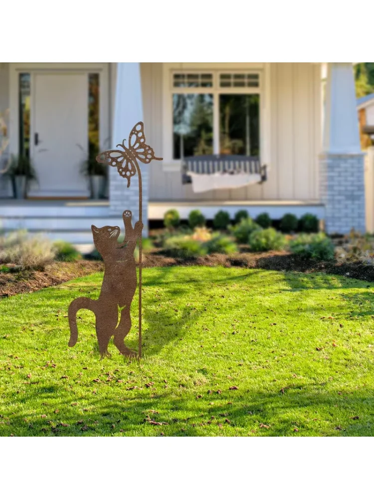 1pc Rusty Metal Cat Garden Stake - Whimsical Outdoor Decor for Cat Lovers, Lawn Art with Playful Cat and Butterfly Design