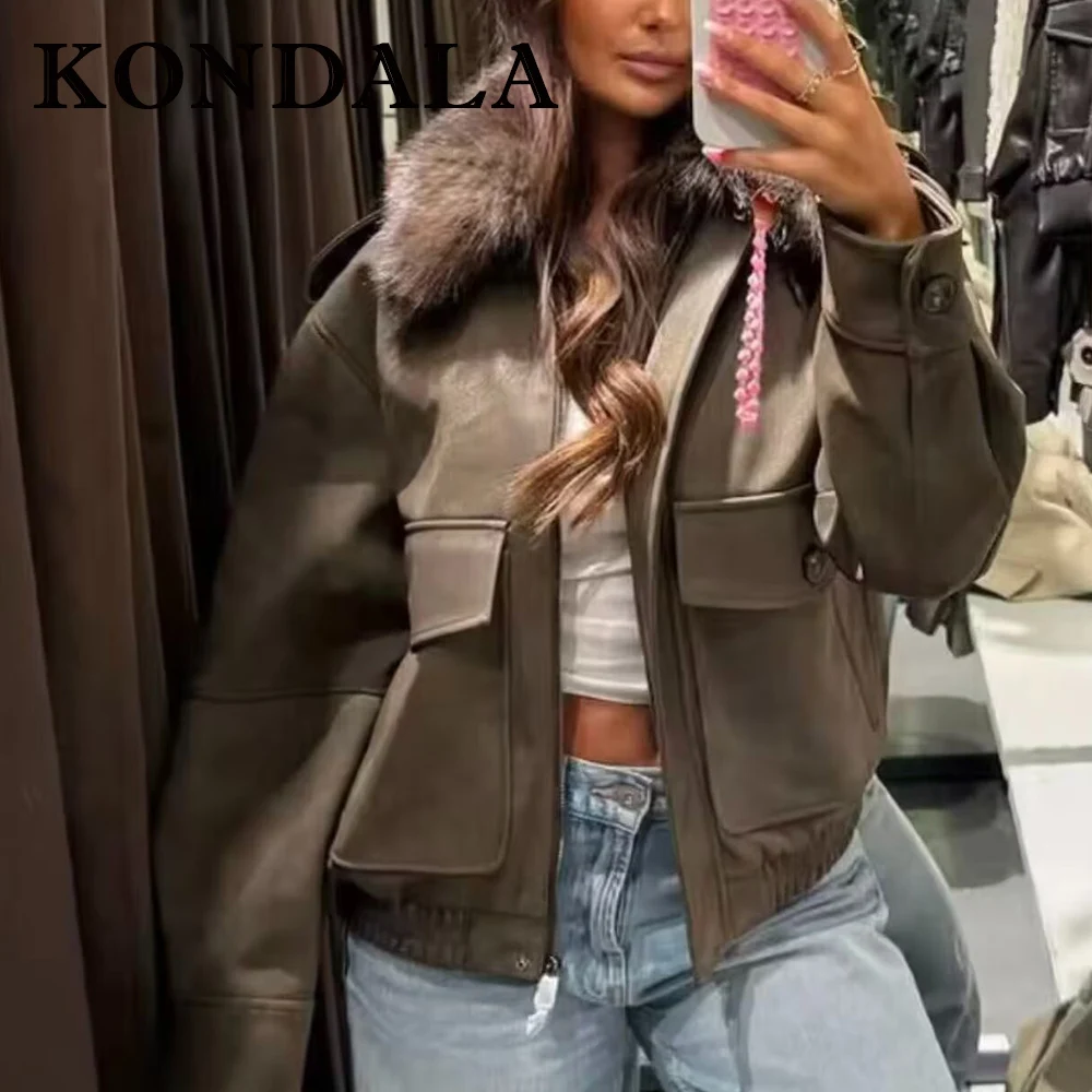 

KONDALA Vintage Army Green 2025 Woman Jacket Zipper Fur Collar Chic Streetwear Fashion Autumn Packets Mujer Loose Button Outwear