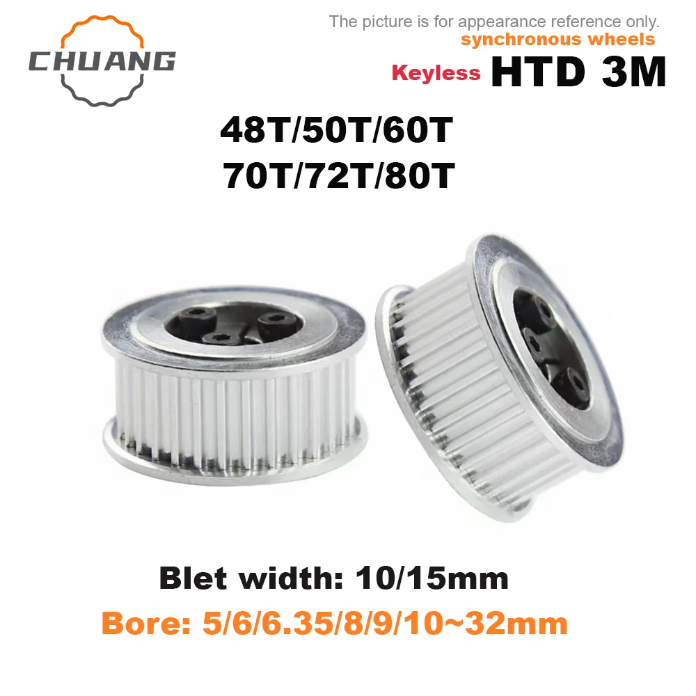 HTD 3M Keyless 48T/50T/60T/70T/72T/80Teeth HTD 3M Timing Pulley Keyless Bushing Bore 5/6/6.35/8/9/10~32mm for Belt Width 10/15mm