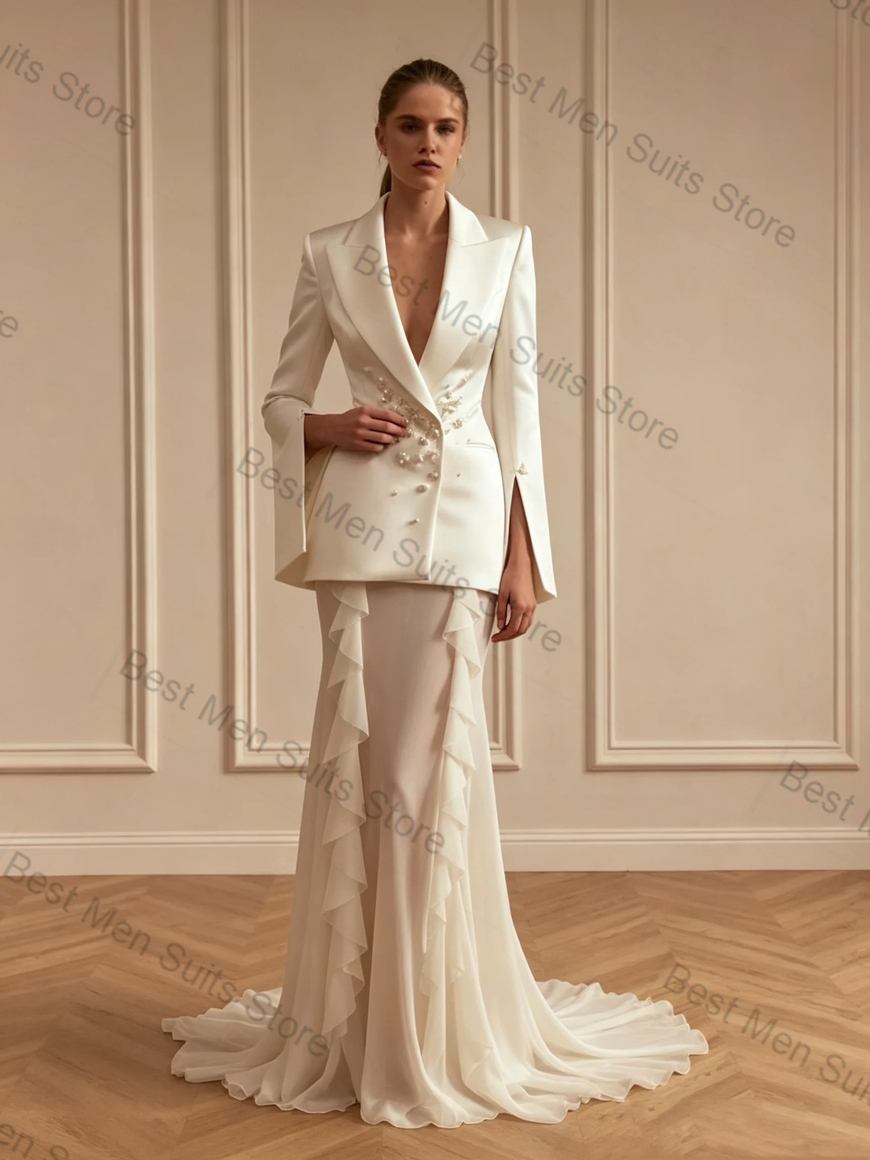Crystals White Women Suit Pants Set 2 Pcs Blazer Prom Dress Split Sleeves Formal Office Jacket Customized Wedding Guest Coat