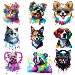 Rainbow Colorful Panda Dog Iron-On Transfers Sticker For T-Shirts DIY Cat Horse Animal Heat Transfer For Clothes Stickers