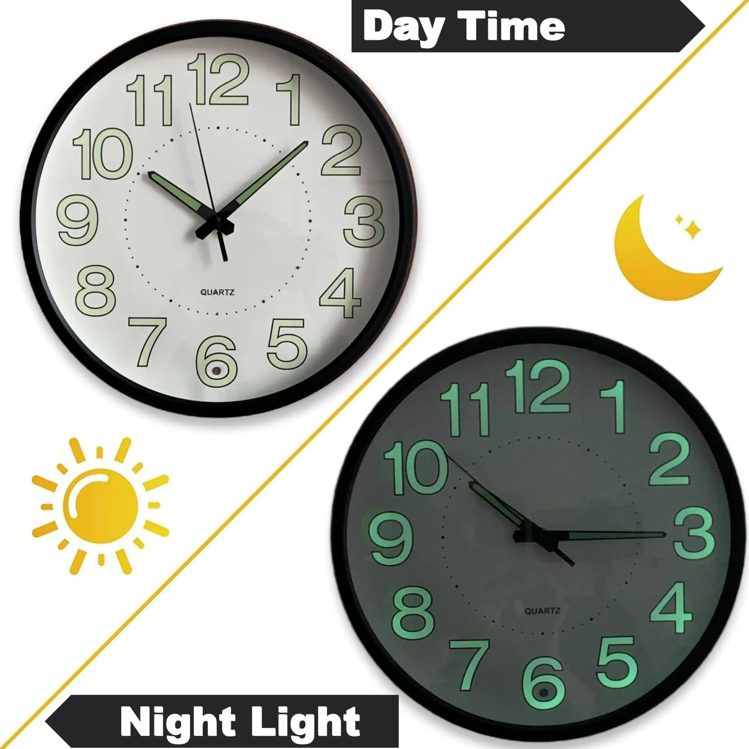 ساعة حائط بإضاءة ليلية مقاس 12 بوصة غير موقوتة صامتة ومضيئة باللون الأسود مستديرة متوهجة في الظلام تعمل بالبطارية للمنزل/المرآب/المكتب