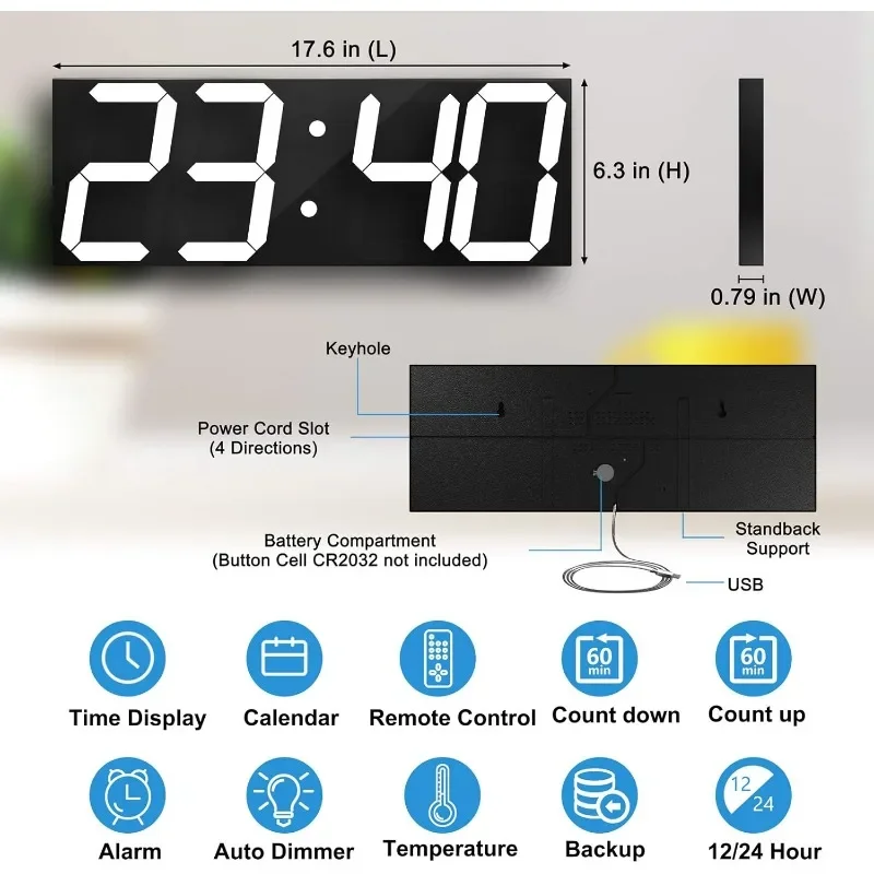 Digital LED Wall Clock, Oversize Wall Clock with 6” Numbers, Remote Control Count up/Countdown Timer Clock