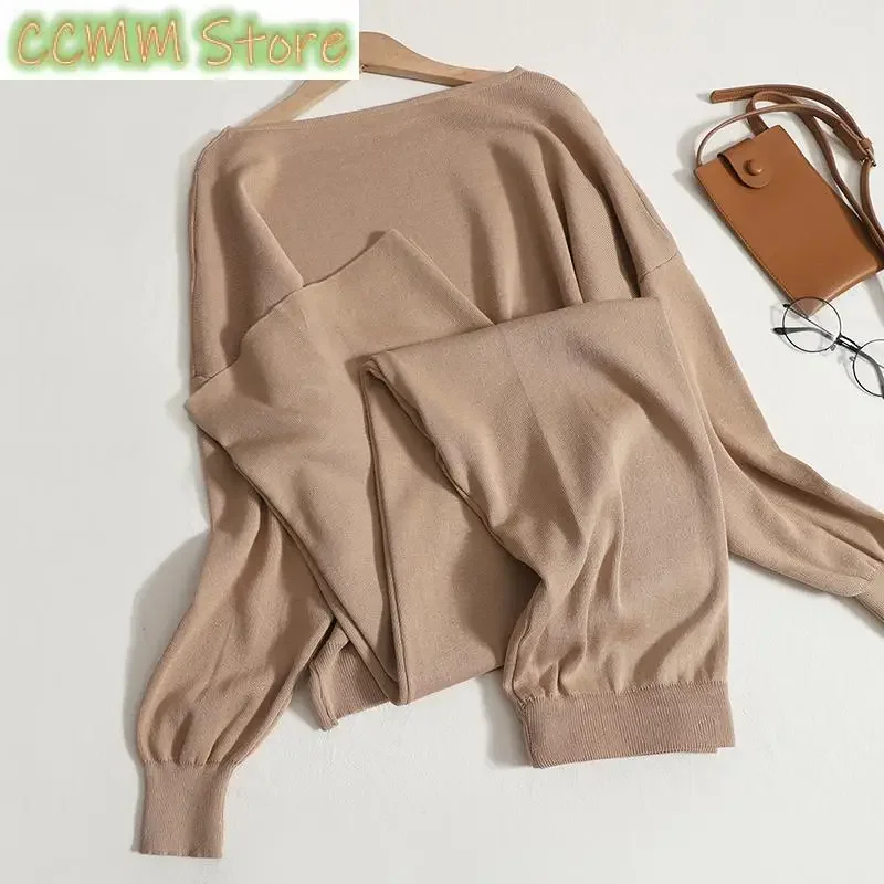 New Solid Knitting 2 Piece Sets Womens Outfits Fashion Autumn O Neck Long Sleeve Casual Sets High Waist Pant Sets