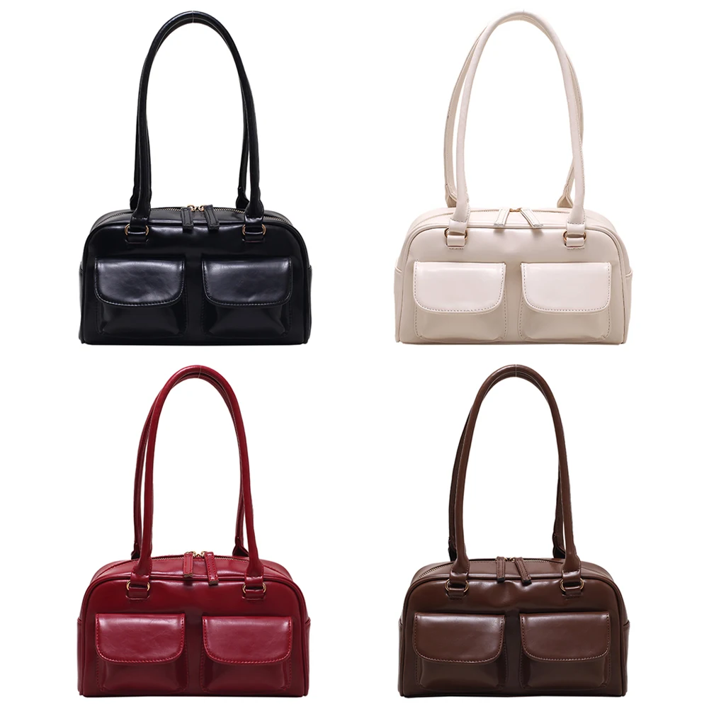 

Retro Shoulder Bags Double Pocket PU Leather Underarm Bag Fashion Solid Designer Armpit Bag Casual Zipper Portable Ladies Purses