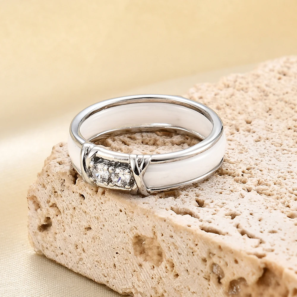 New 5MM Fashion Ceramic Double X Rings for Women Micro Inlaid 2 Zircon Stainless Steel Waterproof Ring Jewelry Accessories ﻿