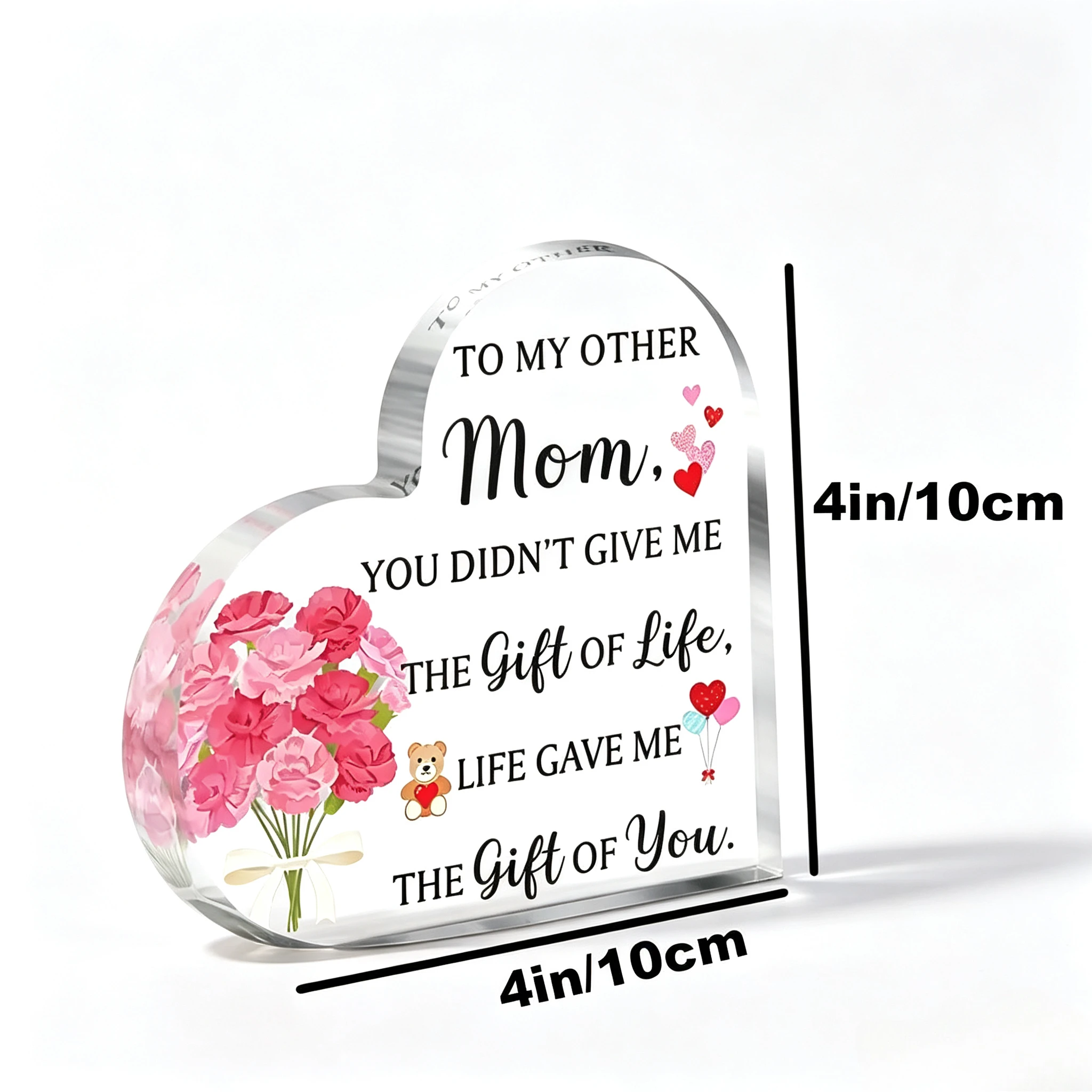 Heart‑Shaped Acrylic Plaque To My Other Mom Carnation Sentimental Keepsake Gift，You Are The Gift Of My Life Freestanding Heart Acrylic Desktop Decor For Step‑Mom