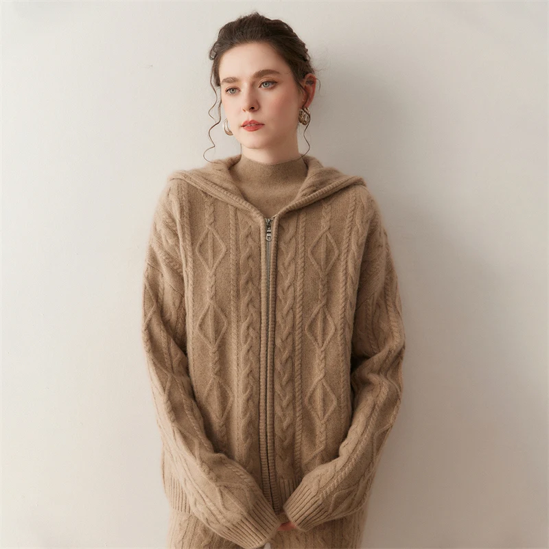 Manteau à fleurs torsadé avec fermeture éclair pour femme, Cardigan Chic de luxe tricoté en cachemire, à capuche, pull épais de haute qualité, automne et hiver, 100%