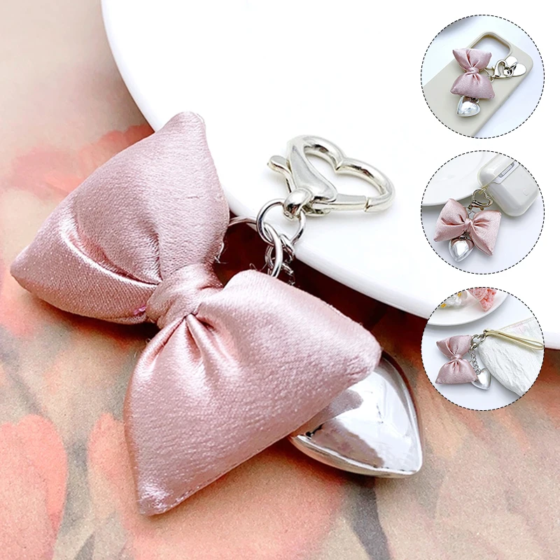 Cute Pink Bow Tie Key Chain Metal Love Phone Pendant Headphone Case Charms Car Key Ring Bag Decor Accessories